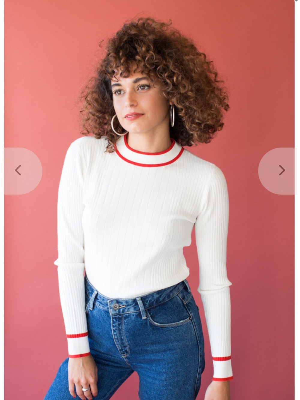 Just Female White Ribbed Long-Sleeve Top with Red Trim